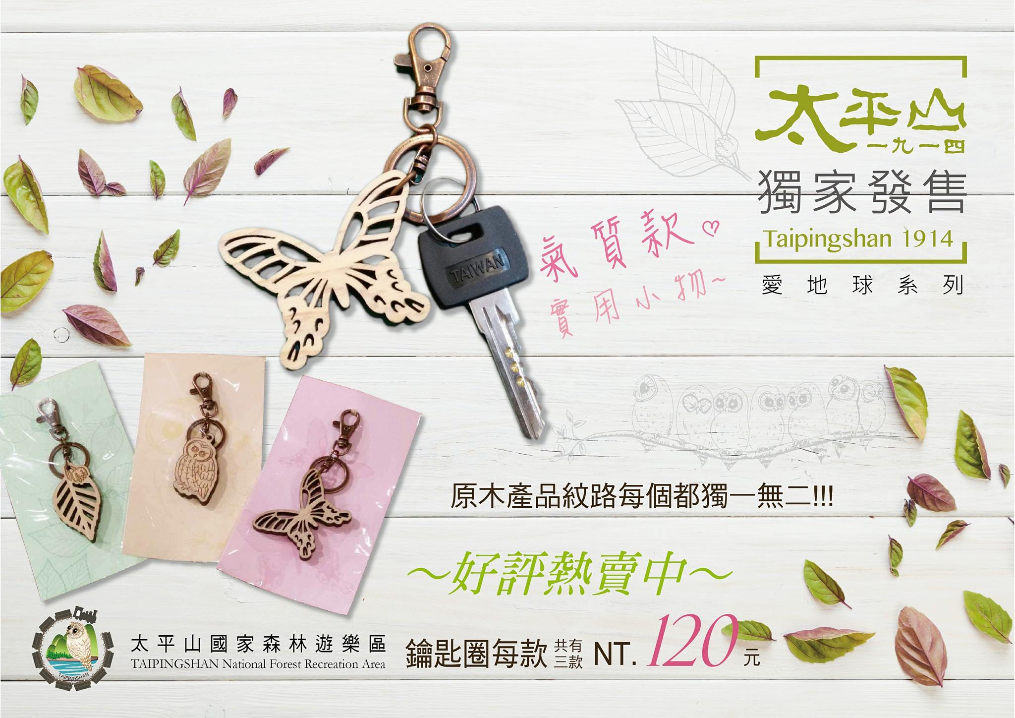木質鑰匙圈：台灣山毛櫸、寬尾鳳蝶、貓頭鷹(灰林鴞)